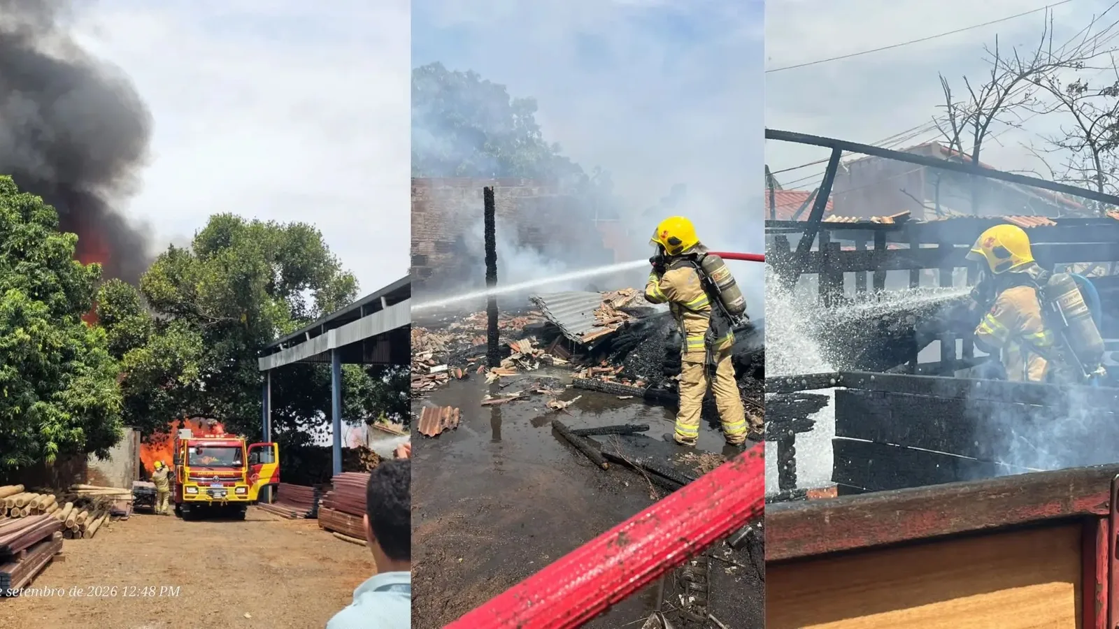 Rescaldo usa pá carregadeira após fogo em madeireira de Caçu