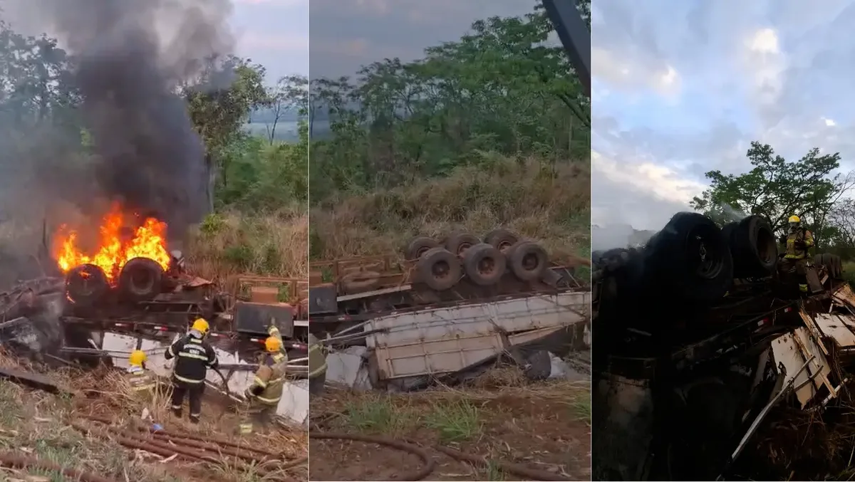 Incêndio destrói cabine e mata motorista na BR-364, em Jataí